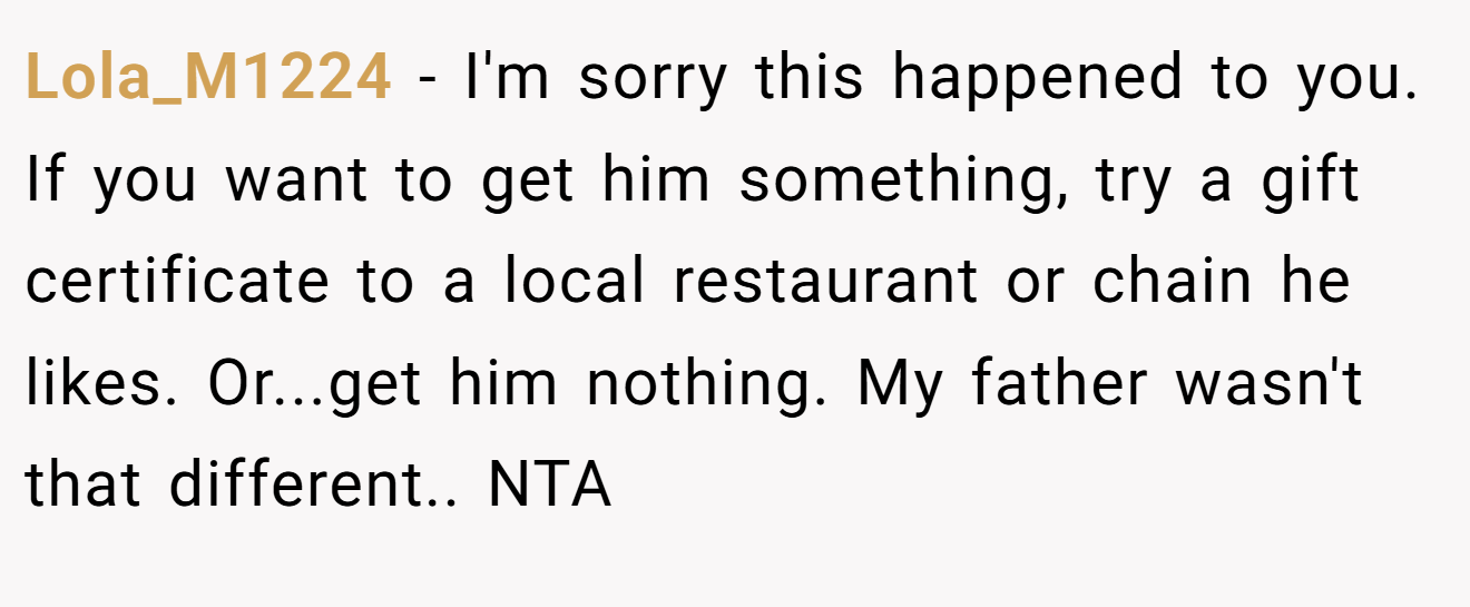 Lola_M1224 - I'm sorry this happened to you. If you want to get him something, try a gift certificate to a local restaurant or chain he likes. Or...get him nothing. My father wasn't that different.. NTA