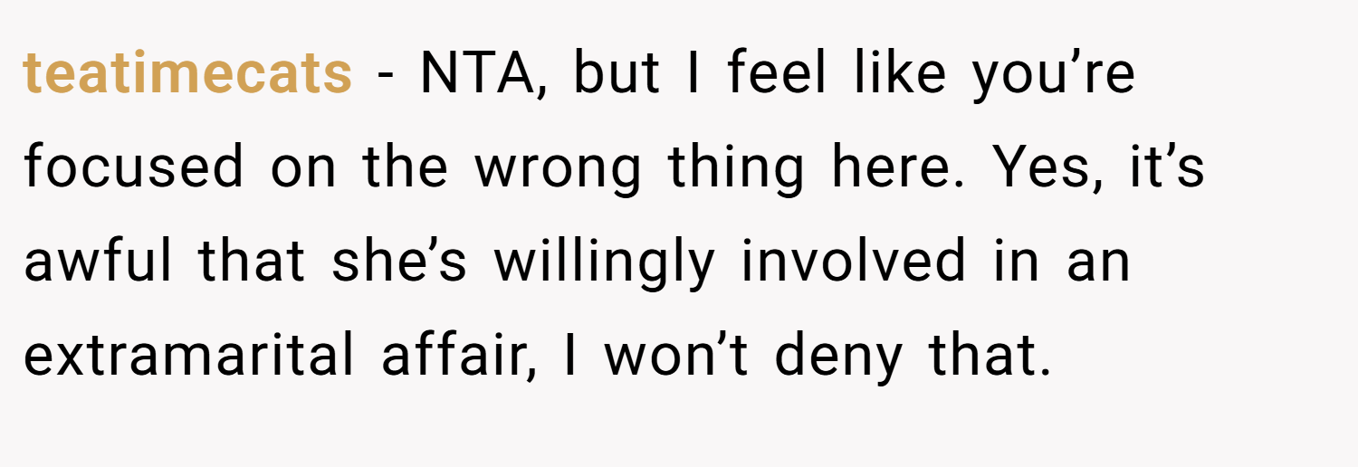teatimecats − NTA, but I feel like you’re focused on the wrong thing here. Yes, it’s awful that she’s willingly involved in an extramarital affair, I won’t deny that.