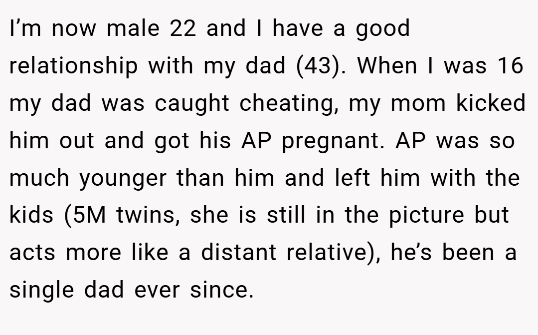 I’m now male 22 and I have a good relationship with my dad (43). When I was 16 my dad was caught cheating, my mom kicked him out and got his AP pregnant. AP was so much younger than him and left him with the kids (5M twins, she is still in the picture but acts more like a distant relative), he’s been a single dad ever since.