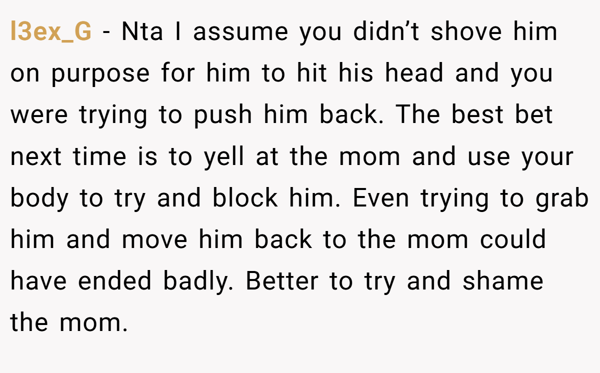 l3ex_G − Nta I assume you didn’t shove him on purpose for him to hit his head and you were trying to push him back. The best bet next time is to yell at the mom and use your body to try and block him. Even trying to grab him and move him back to the mom could have ended badly. Better to try and shame the mom.