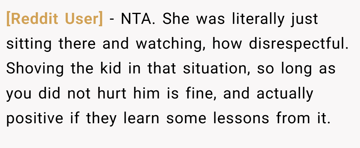 [Reddit User] − NTA. She was literally just sitting there and watching, how disrespectful. Shoving the kid in that situation, so long as you did not hurt him is fine, and actually positive if they learn some lessons from it.
