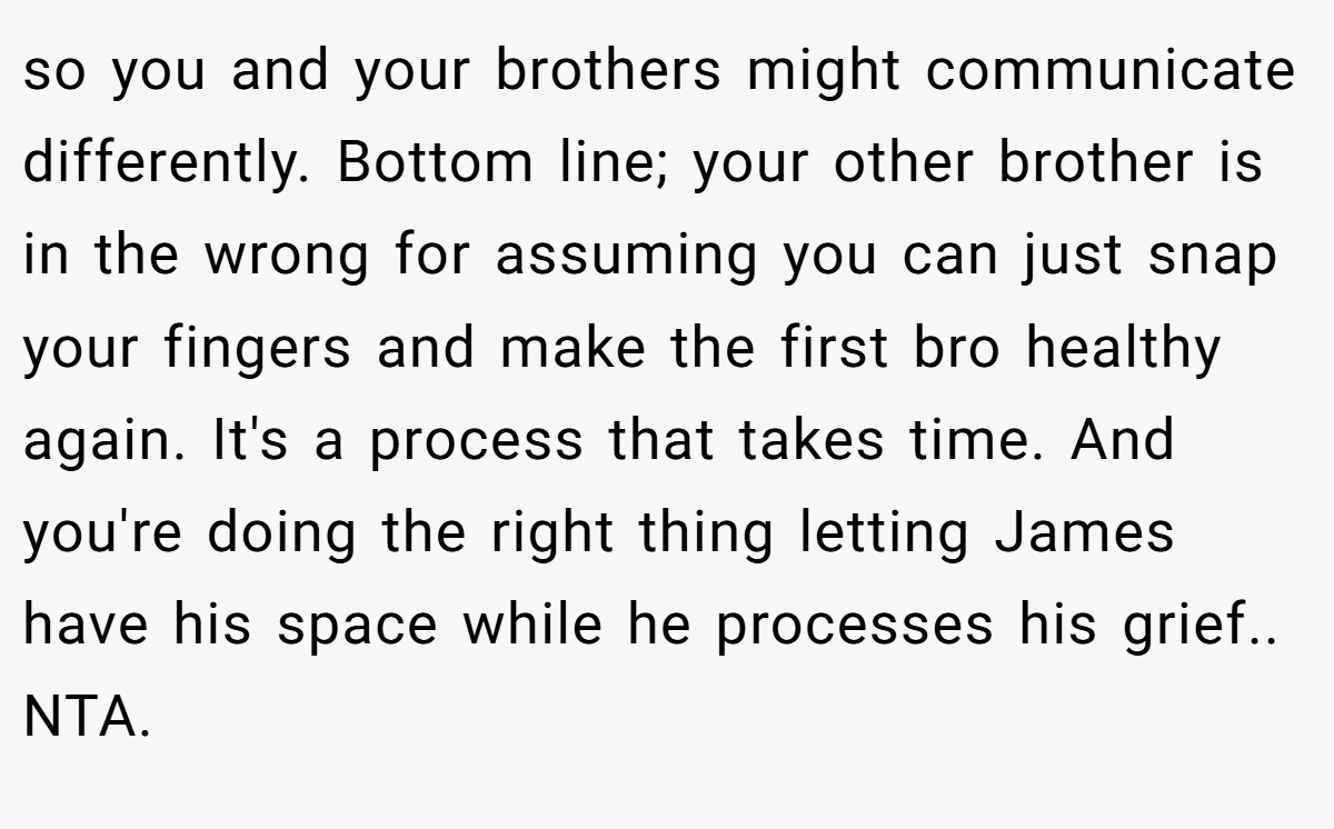 so you and your brothers might communicate differently. Bottom line; your other brother is in the wrong for assuming you can just snap your fingers and make the first bro healthy again. It's a process that takes time. And you're doing the right thing letting James have his space while he processes his grief.. NTA.