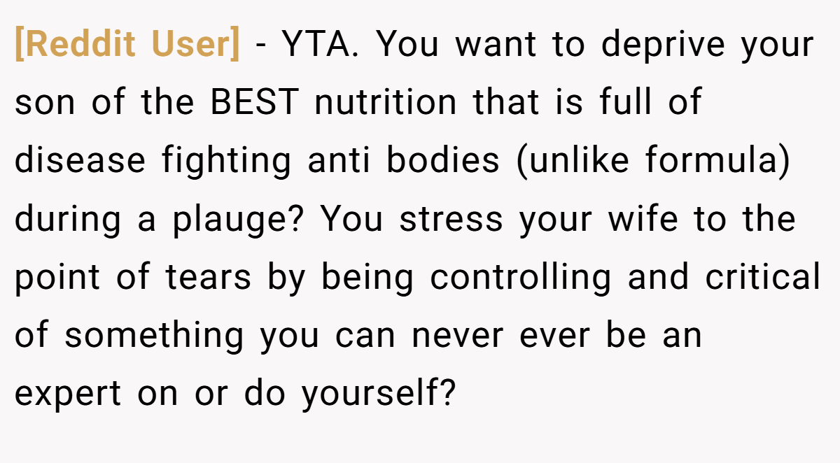 [Reddit User] − YTA. You want to deprive your son of the BEST nutrition that is full of disease fighting anti bodies (unlike formula) during a plauge? You stress your wife to the point of tears by being controlling and critical of something you can never ever be an expert on or do yourself?