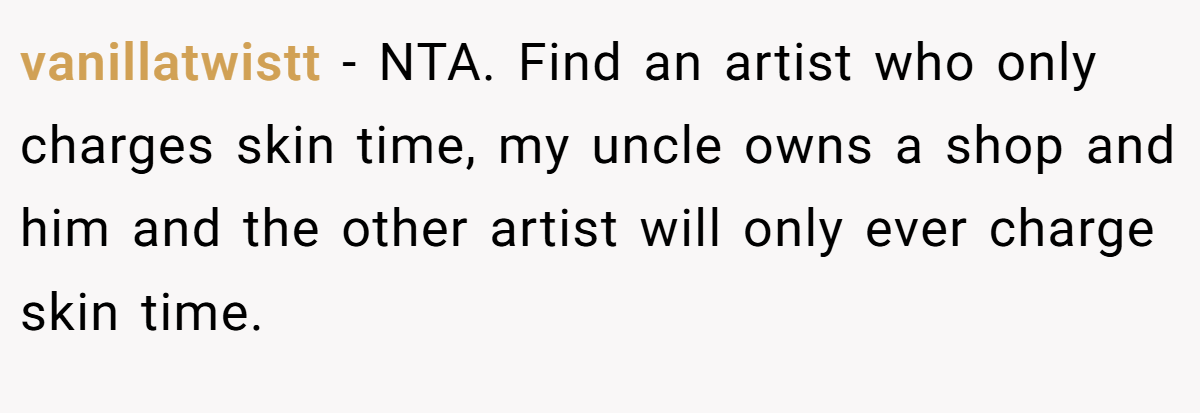 vanillatwistt − NTA. Find an artist who only charges skin time, my uncle owns a shop and him and the other artist will only ever charge skin time.