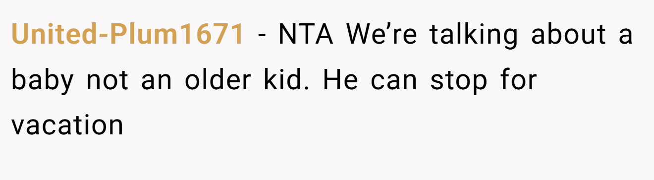 United-Plum1671 - NTA We’re talking about a baby not an older kid. He can stop for vacation