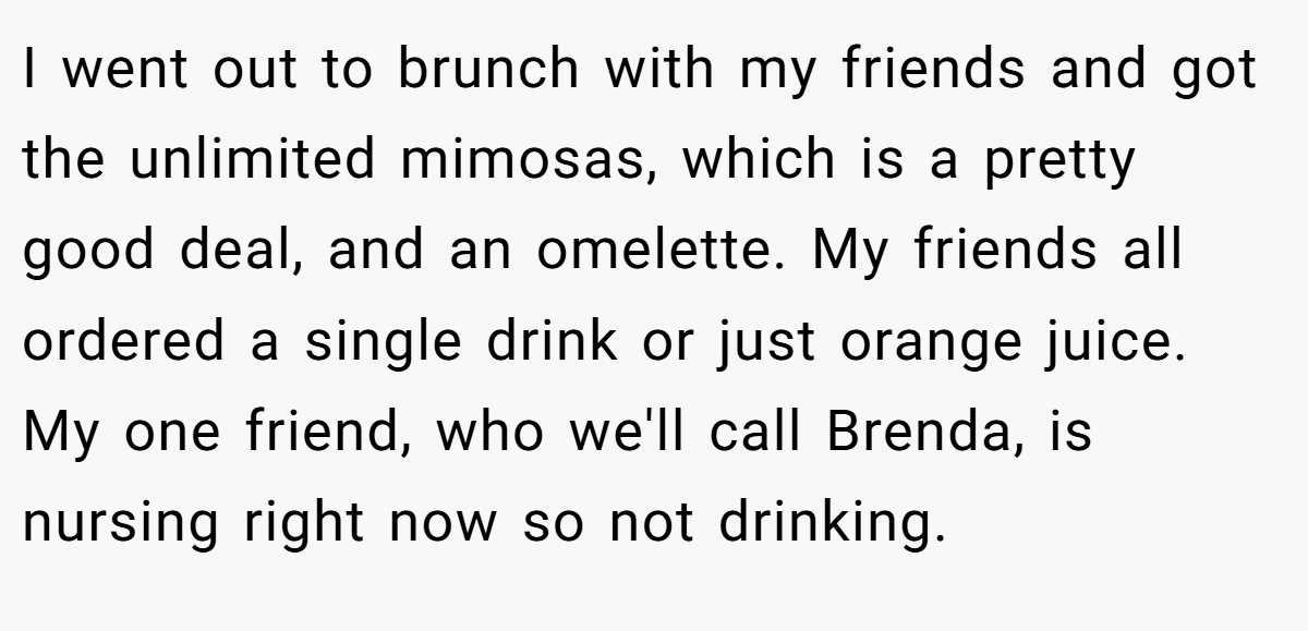 I went out to brunch with my friends and got the unlimited mimosas, which is a pretty good deal, and an omelette. My friends all ordered a single drink or just orange juice. My one friend, who we'll call Brenda, is nursing right now so not drinking.