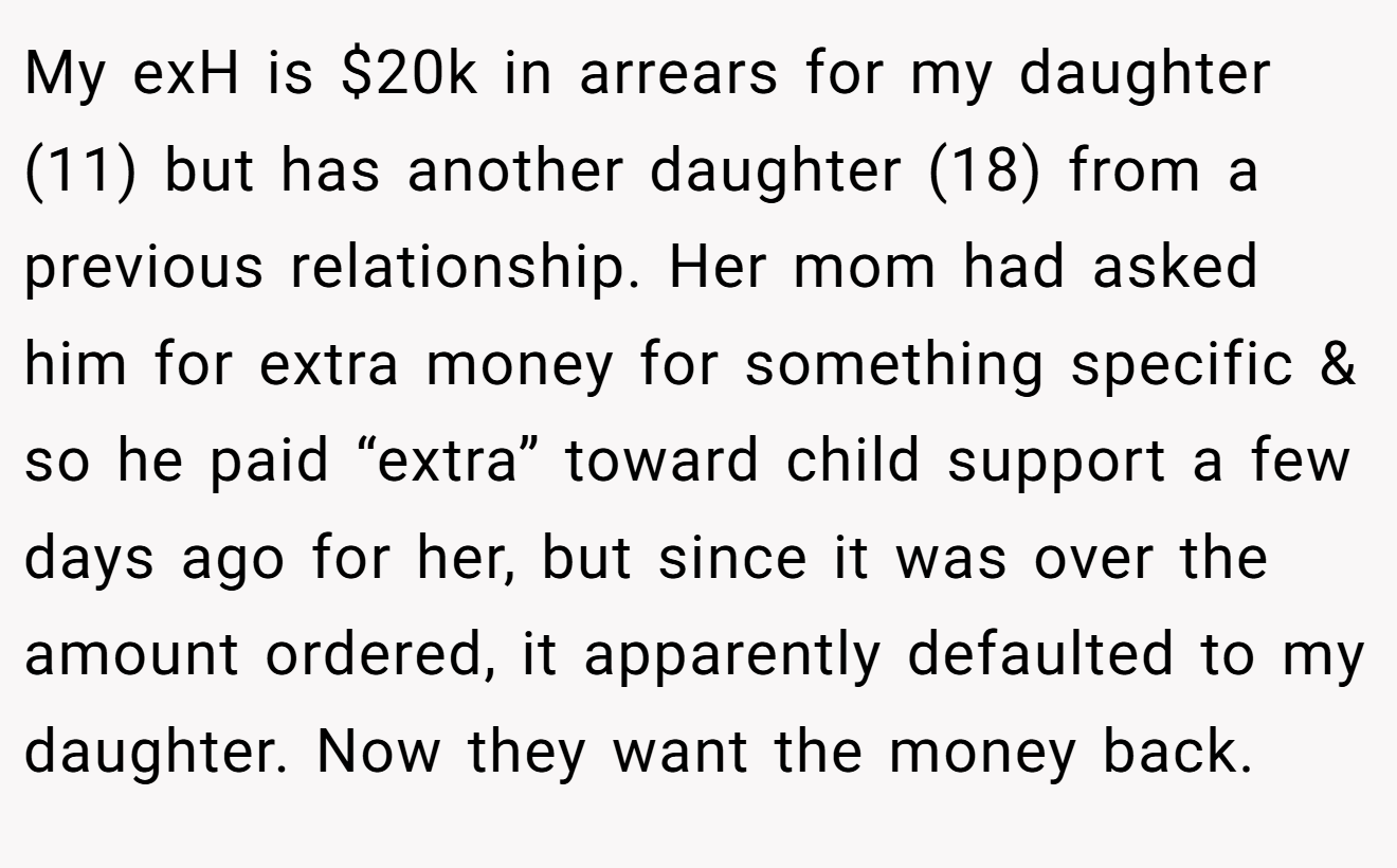 My exH is $20k in arrears for my daughter (11) but has another daughter (18) from a previous relationship. Her mom had asked him for extra money for something specific & so he paid “extra” toward child support a few days ago for her, but since it was over the amount ordered, it apparently defaulted to my daughter. Now they want the money back.