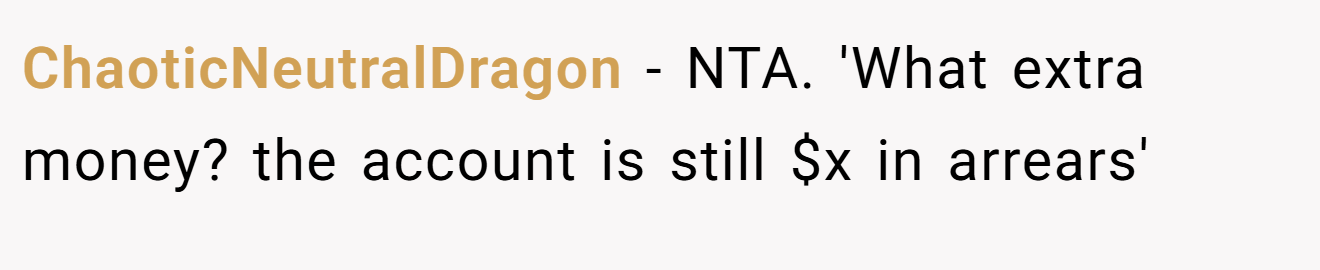ChaoticNeutralDragon - NTA. 'What extra money? the account is still $x in arrears'