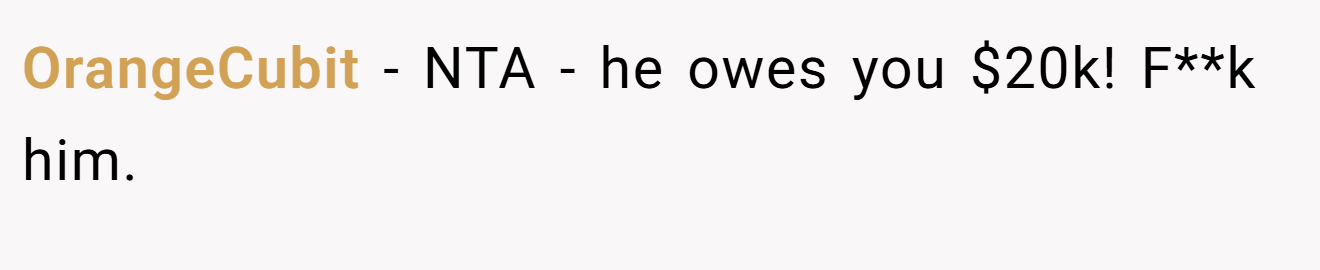 OrangeCubit - NTA - he owes you $20k! F**k him.