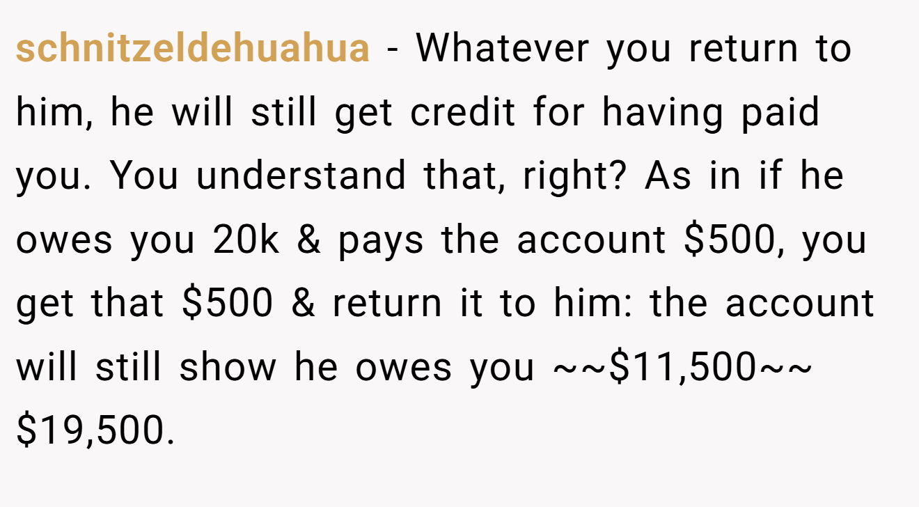 schnitzeldehuahua - Whatever you return to him, he will still get credit for having paid you. You understand that, right? As in if he owes you 20k & pays the account $500, you get that $500 & return it to him: the account will still show he owes you ~~$11,500~~ $19,500.