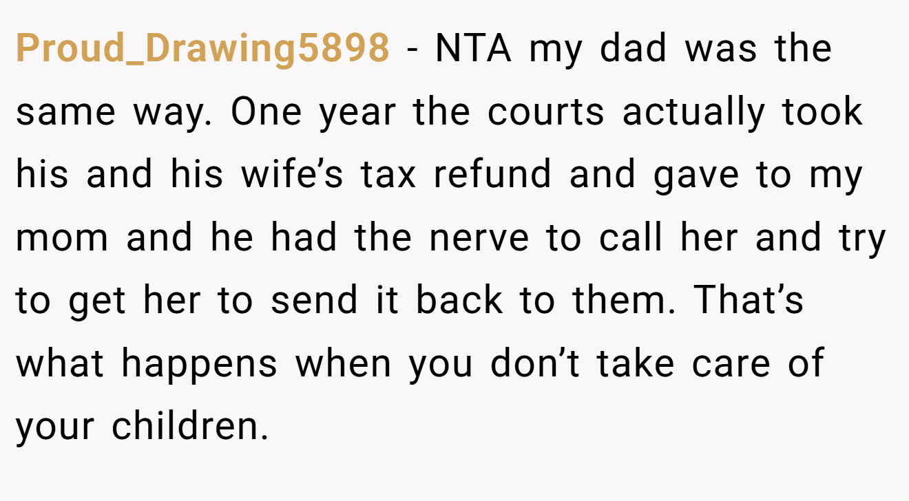 Proud_Drawing5898 - NTA my dad was the same way. One year the courts actually took his and his wife’s tax refund and gave to my mom and he had the nerve to call her and try to get her to send it back to them. That’s what happens when you don’t take care of your children.