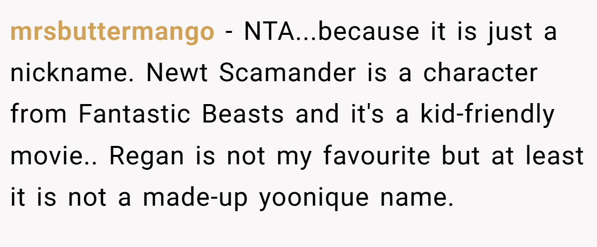mrsbuttermango − NTA...because it is just a nickname. Newt Scamander is a character from Fantastic Beasts and it's a kid-friendly movie.. Regan is not my favourite but at least it is not a made-up yoonique name.