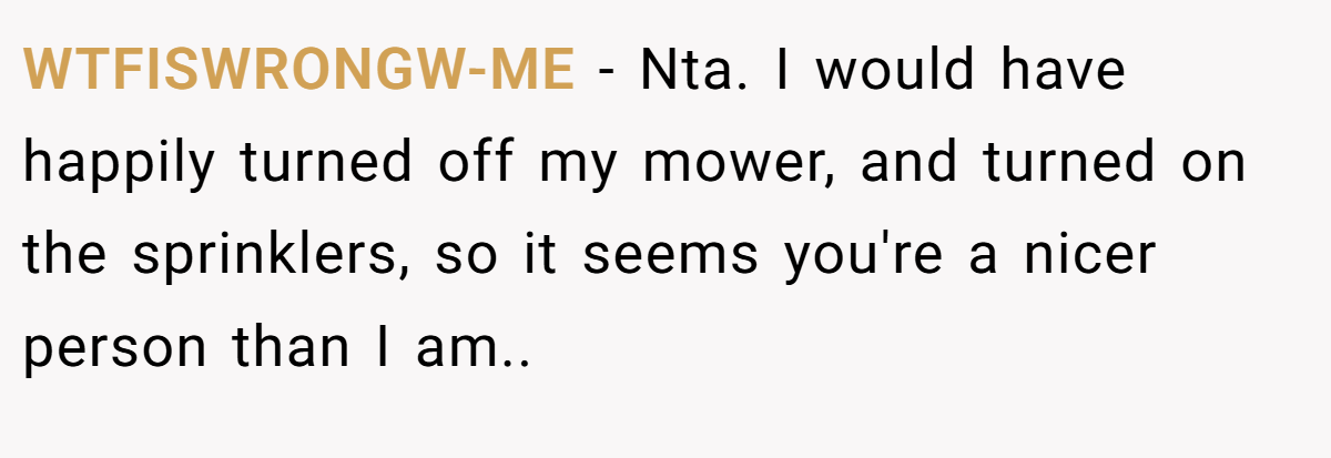 WTFISWRONGW-ME − Nta. I would have happily turned off my mower, and turned on the sprinklers, so it seems you're a nicer person than I am..