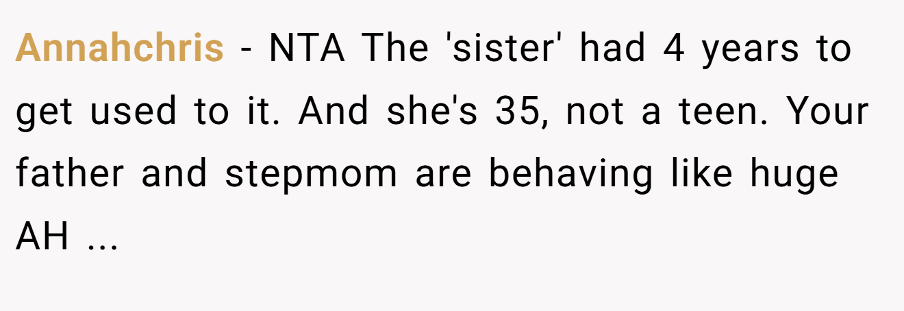Annahchris − NTA The 'sister' had 4 years to get used to it. And she's 35, not a teen. Your father and stepmom are behaving like huge AH ...