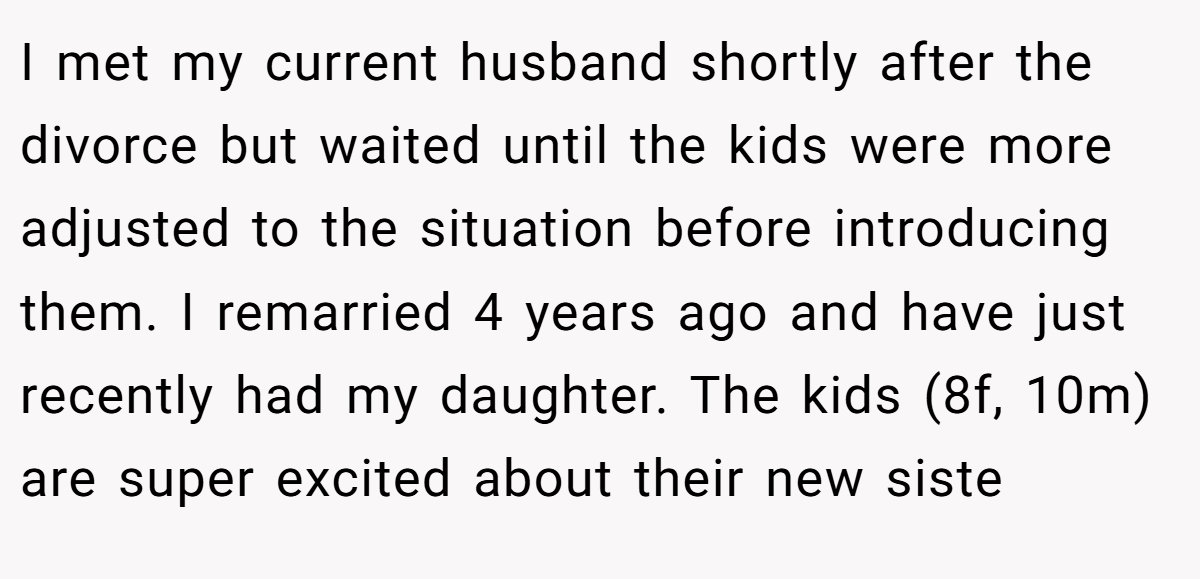 I met my current husband shortly after the divorce but waited until the kids were more adjusted to the situation before introducing them. I remarried 4 years ago and have just recently had my daughter. The kids (8f, 10m) are super excited about their new siste
