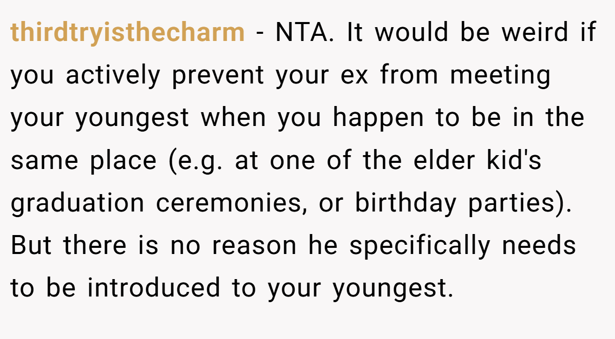 thirdtryisthecharm − NTA. It would be weird if you actively prevent your ex from meeting your youngest when you happen to be in the same place (e.g. at one of the elder kid's graduation ceremonies, or birthday parties). But there is no reason he specifically needs to be introduced to your youngest.