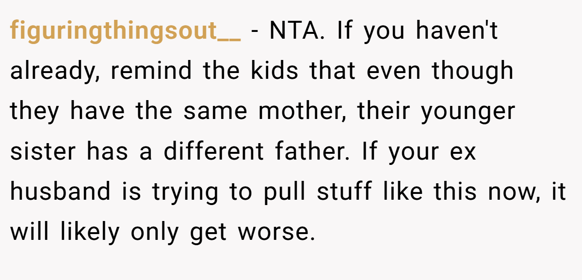 figuringthingsout__ − NTA. If you haven't already, remind the kids that even though they have the same mother, their younger sister has a different father. If your ex husband is trying to pull stuff like this now, it will likely only get worse.