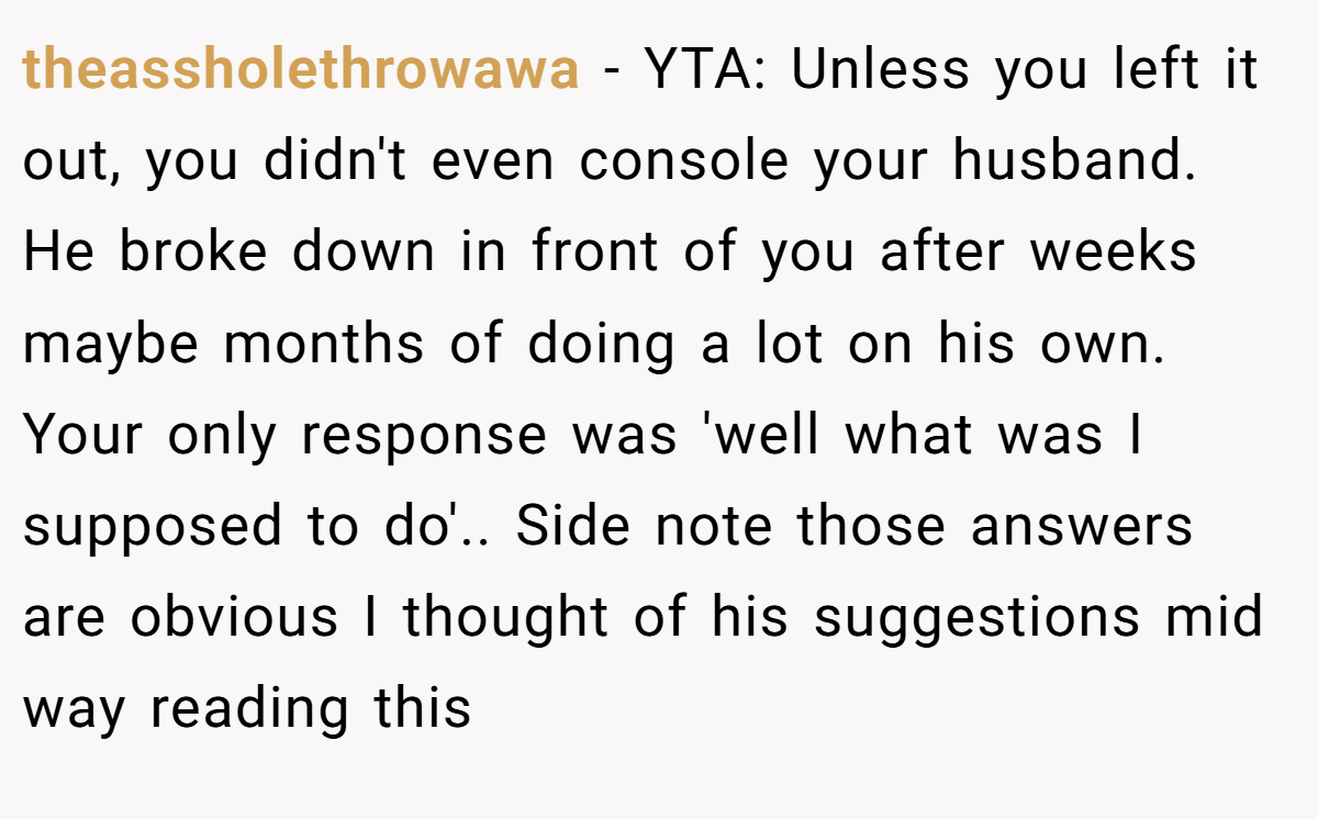 theassholethrowawa − YTA: Unless you left it out, you didn't even console your husband. He broke down in front of you after weeks maybe months of doing a lot on his own. Your only response was 'well what was I supposed to do'.. Side note those answers are obvious I thought of his suggestions mid way reading this