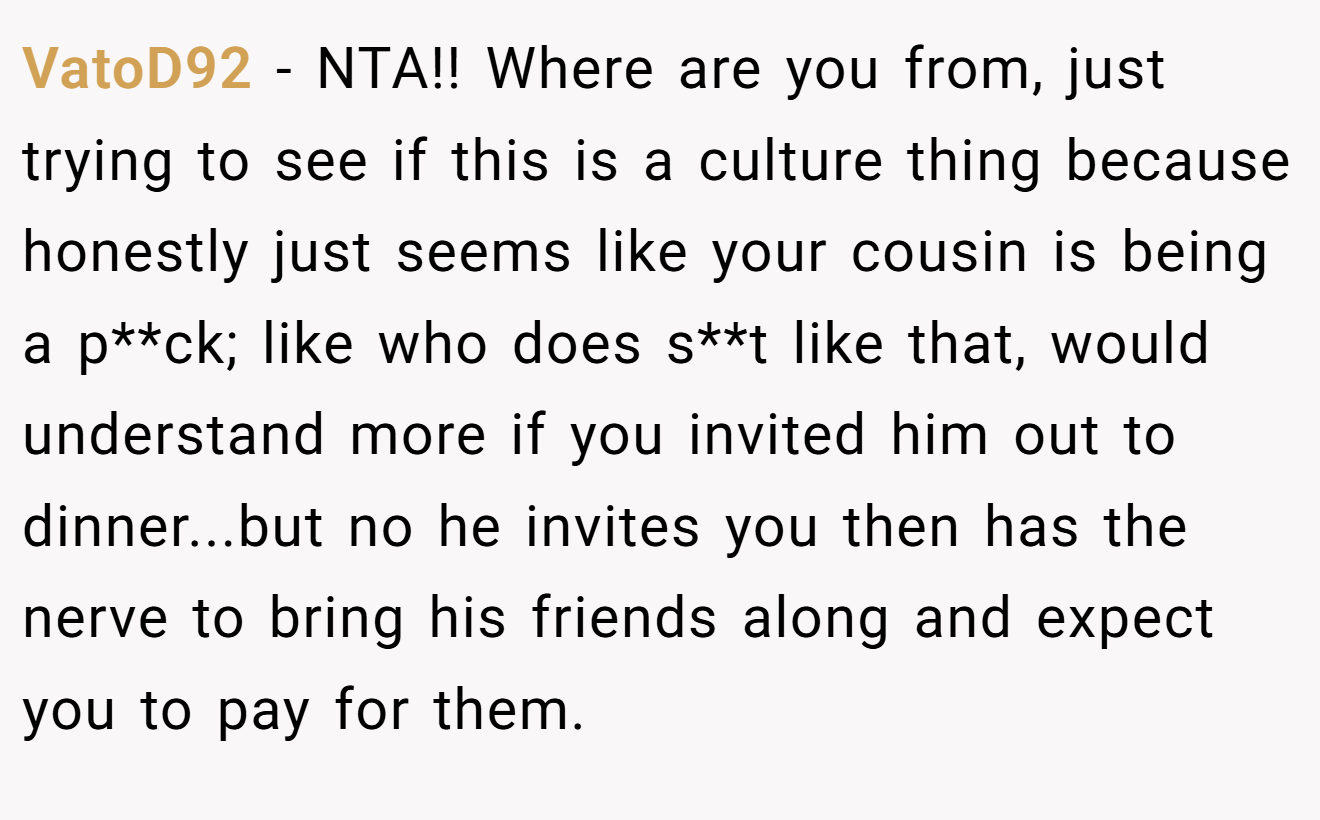 VatoD92 − NTA!! Where are you from, just trying to see if this is a culture thing because honestly just seems like your cousin is being a p**ck; like who does s**t like that, would understand more if you invited him out to dinner...but no he invites you then has the nerve to bring his friends along and expect you to pay for them.