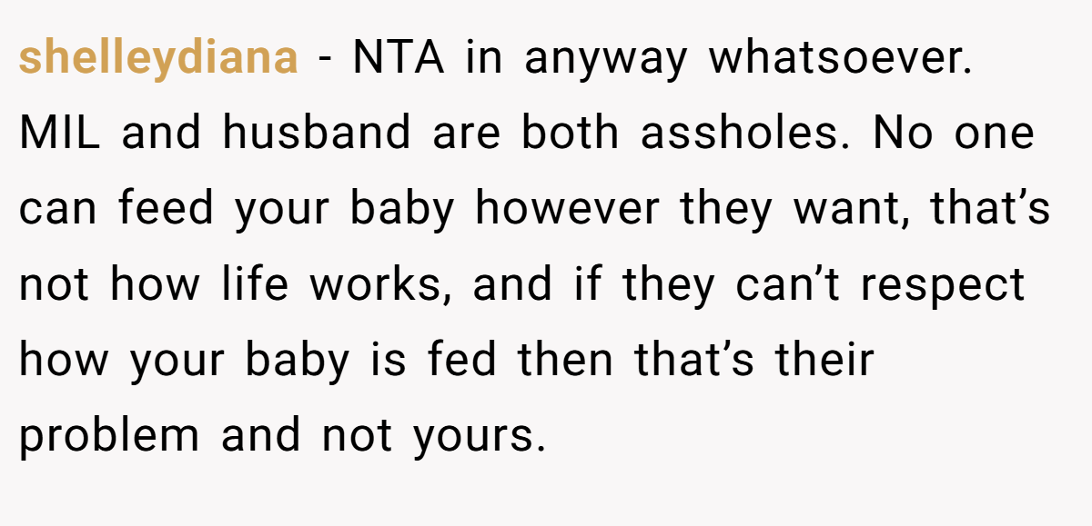 shelleydiana - NTA in anyway whatsoever. MIL and husband are both assholes. No one can feed your baby however they want, that’s not how life works, and if they can’t respect how your baby is fed then that’s their problem and not yours.
