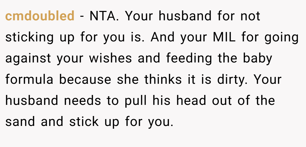 cmdoubled - NTA. Your husband for not sticking up for you is. And your MIL for going against your wishes and feeding the baby formula because she thinks it is dirty. Your husband needs to pull his head out of the sand and stick up for you.