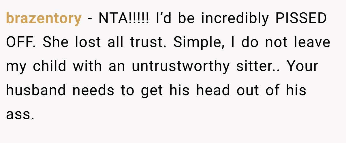brazentory - NTA!!!!! I’d be incredibly PISSED OFF. She lost all trust. Simple, I do not leave my child with an untrustworthy sitter.. Your husband needs to get his head out of his ass.