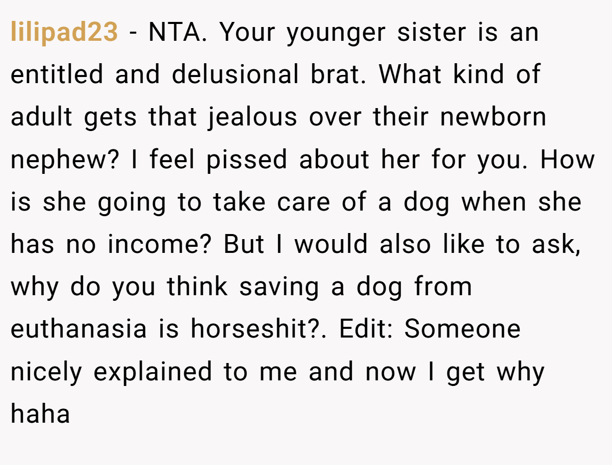 lilipad23 − NTA. Your younger sister is an entitled and delusional brat. What kind of adult gets that jealous over their newborn nephew? I feel pissed about her for you. How is she going to take care of a dog when she has no income? But I would also like to ask, why do you think saving a dog from euthanasia is horseshit?. Edit: Someone nicely explained to me and now I get why haha