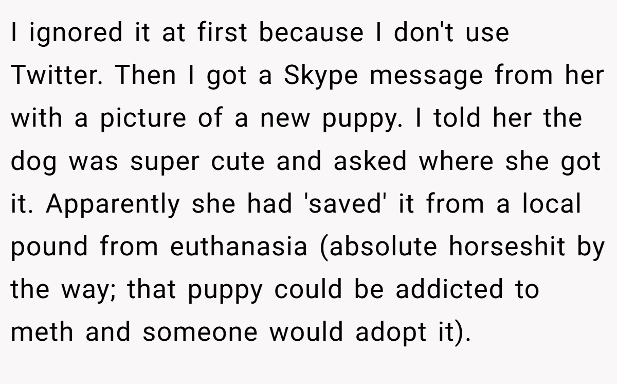 I ignored it at first because I don't use Twitter. Then I got a Skype message from her with a picture of a new puppy. I told her the dog was super cute and asked where she got it. Apparently she had 'saved' it from a local pound from euthanasia (absolute horseshit by the way; that puppy could be addicted to meth and someone would adopt it).