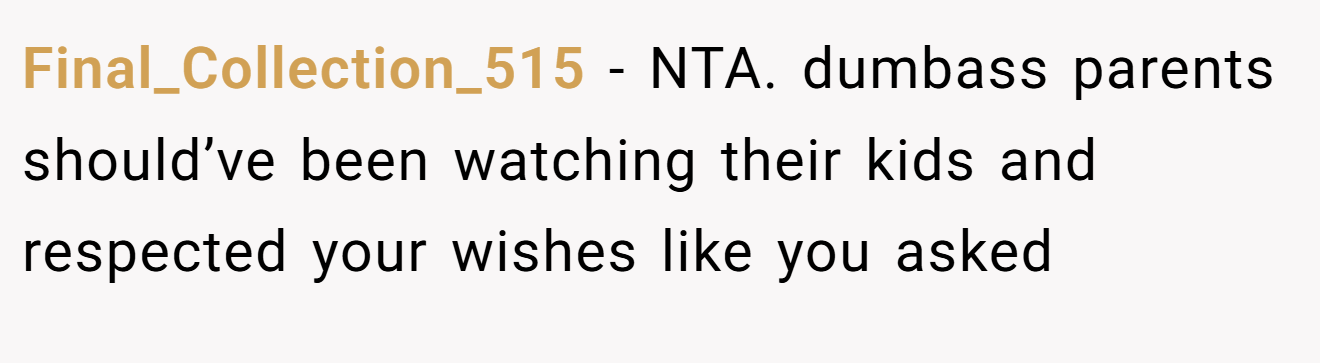 Final_Collection_515 − NTA. dumbass parents should’ve been watching their kids and respected your wishes like you asked