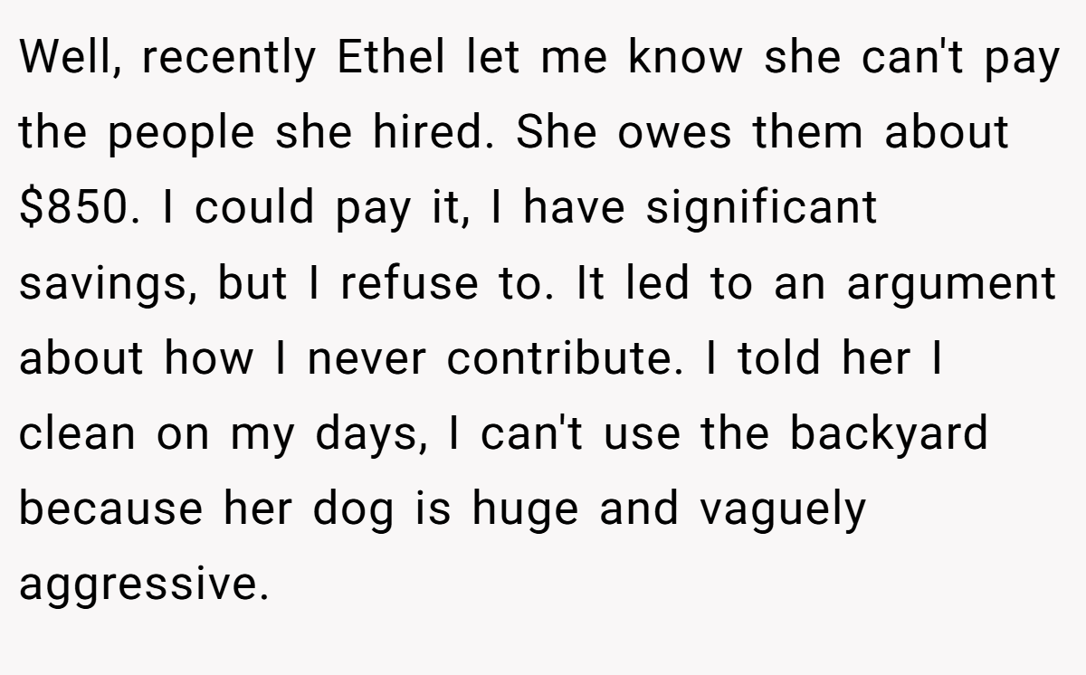 Well, recently Ethel let me know she can't pay the people she hired. She owes them about $850. I could pay it, I have significant savings, but I refuse to. It led to an argument about how I never contribute. I told her I clean on my days, I can't use the backyard because her dog is huge and vaguely aggressive.