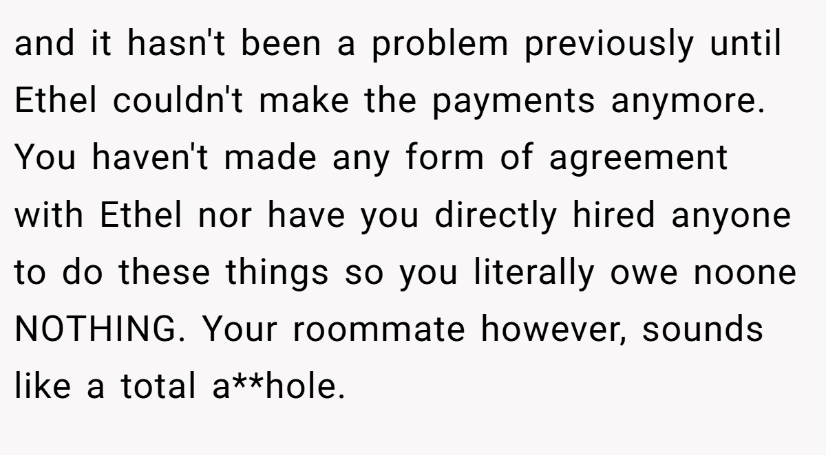 and it hasn't been a problem previously until Ethel couldn't make the payments anymore. You haven't made any form of agreement with Ethel nor have you directly hired anyone to do these things so you literally owe noone NOTHING. Your roommate however, sounds like a total a**hole.