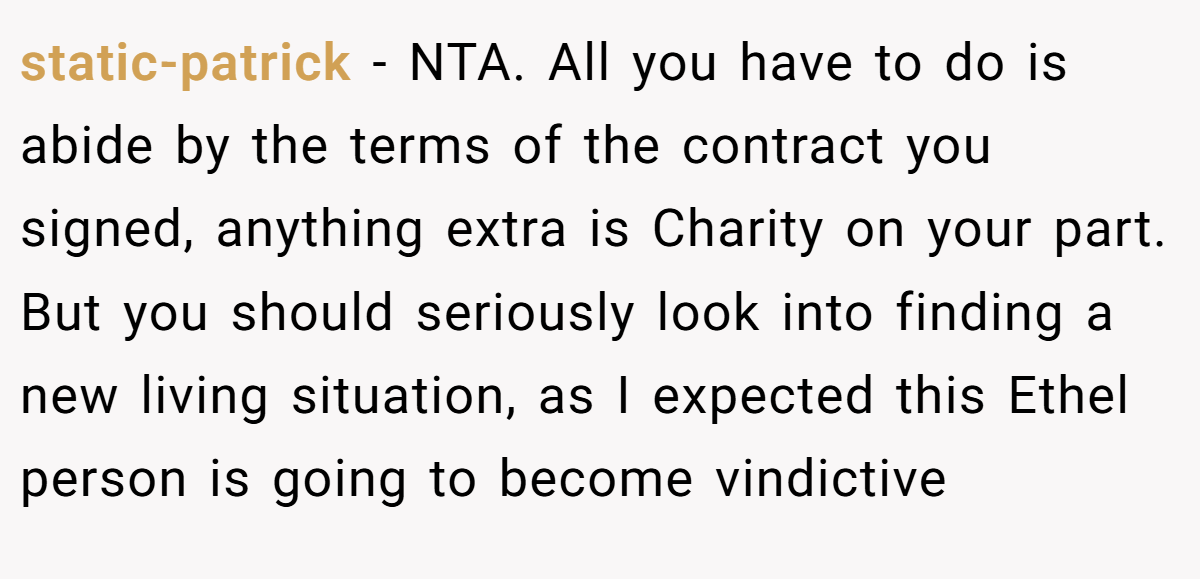static-patrick - NTA. All you have to do is abide by the terms of the contract you signed, anything extra is Charity on your part. But you should seriously look into finding a new living situation, as I expected this Ethel person is going to become vindictive