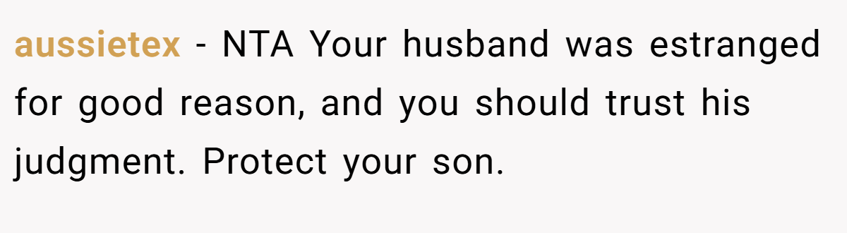 aussietex − NTA Your husband was estranged for good reason, and you should trust his judgment. Protect your son.