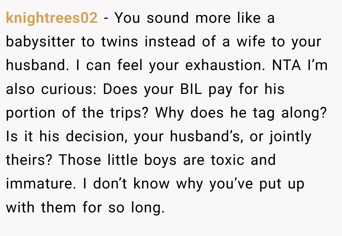 knightrees02 − You sound more like a babysitter to twins instead of a wife to your husband. I can feel your exhaustion. NTA I’m also curious: Does your BIL pay for his portion of the trips? Why does he tag along? Is it his decision, your husband’s, or jointly theirs? Those little boys are toxic and immature. I don’t know why you’ve put up with them for so long.