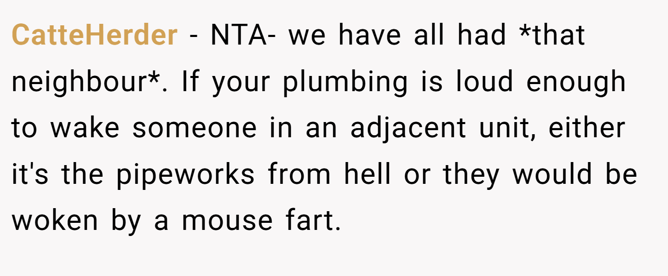CatteHerder − NTA- we have all had *that neighbour*. If your plumbing is loud enough to wake someone in an adjacent unit, either it's the pipeworks from hell or they would be woken by a mouse fart.