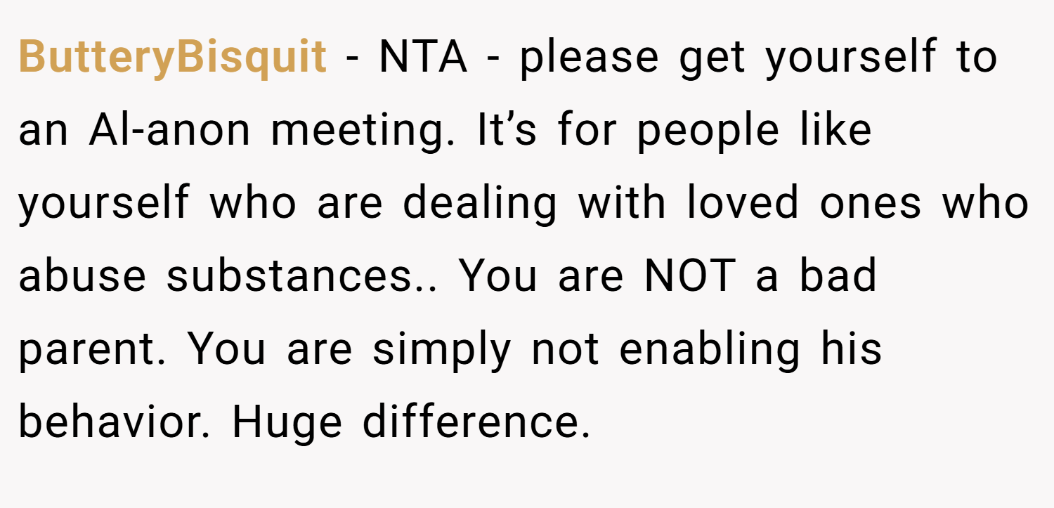 ButteryBisquit − NTA - please get yourself to an Al-anon meeting. It’s for people like yourself who are dealing with loved ones who abuse substances.. You are NOT a bad parent. You are simply not enabling his behavior. Huge difference.