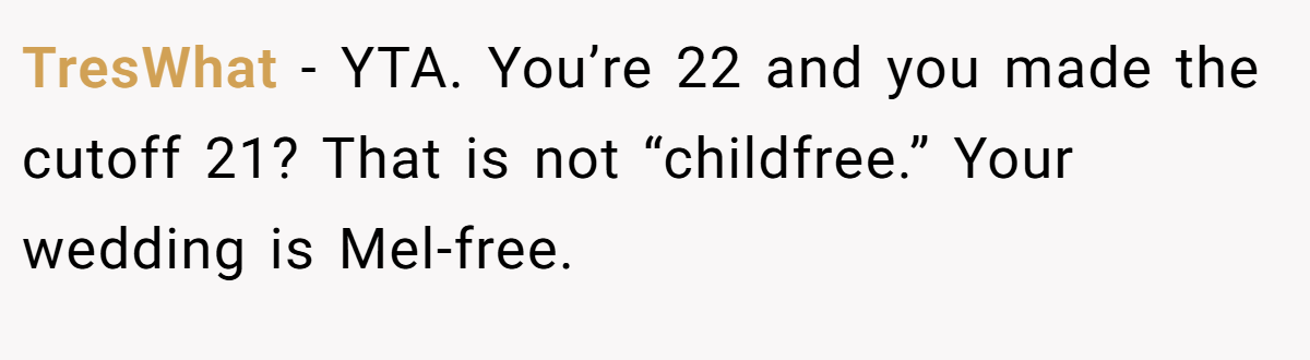 TresWhat − YTA. You’re 22 and you made the cutoff 21? That is not “childfree.” Your wedding is Mel-free.