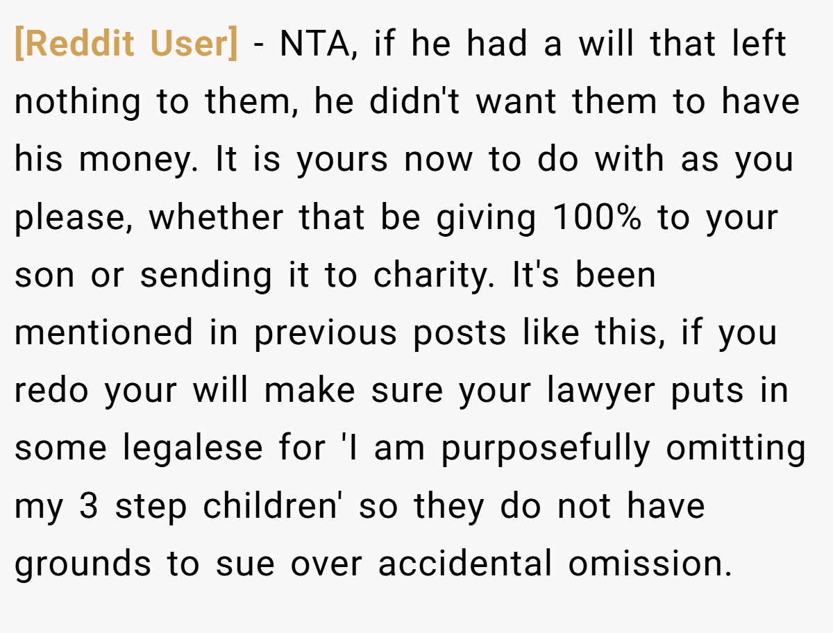 [Reddit User] − NTA, if he had a will that left nothing to them, he didn't want them to have his money. It is yours now to do with as you please, whether that be giving 100% to your son or sending it to charity. It's been mentioned in previous posts like this, if you redo your will make sure your lawyer puts in some legalese for 'I am purposefully omitting my 3 step children' so they do not have grounds to sue over accidental omission.