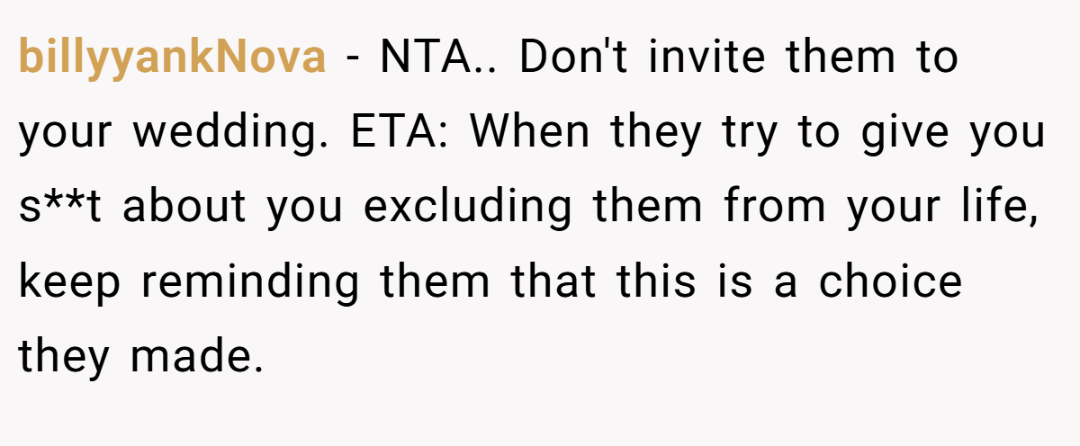 billyyankNova - NTA.. Don't invite them to your wedding. ETA: When they try to give you s**t about you excluding them from your life, keep reminding them that this is a choice they made.