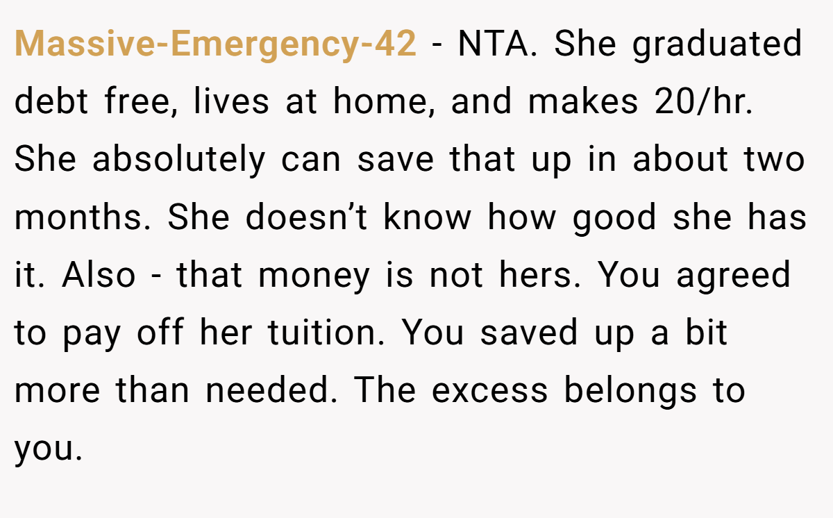 Massive-Emergency-42 - NTA. She graduated debt free, lives at home, and makes 20/hr. She absolutely can save that up in about two months. She doesn’t know how good she has it. Also - that money is not hers. You agreed to pay off her tuition. You saved up a bit more than needed. The excess belongs to you.