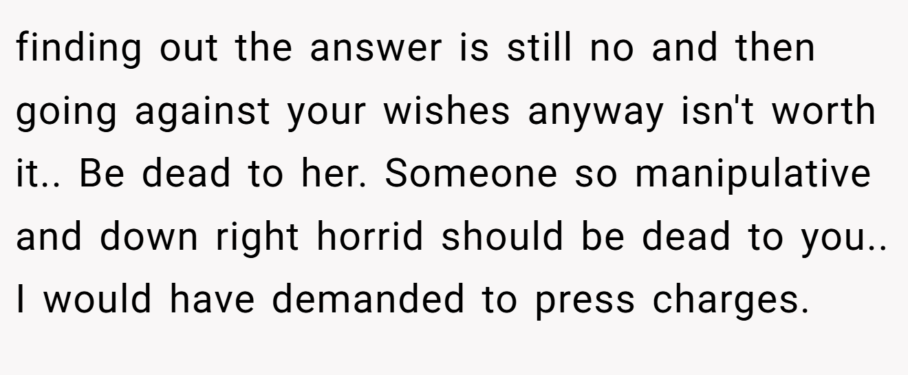 finding out the answer is still no and then going against your wishes anyway isn't worth it.. Be dead to her. Someone so manipulative and down right horrid should be dead to you.. I would have demanded to press charges.