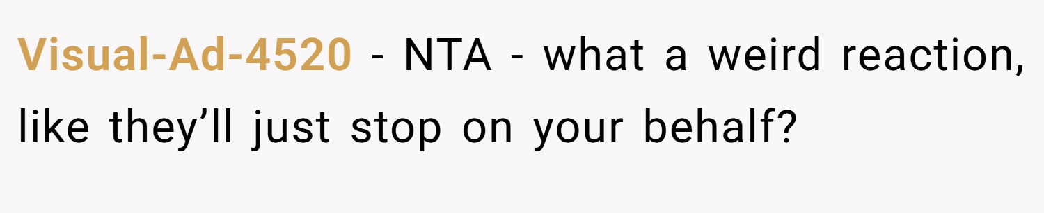 Visual-Ad-4520 − NTA - what a weird reaction, like they’ll just stop on your behalf?