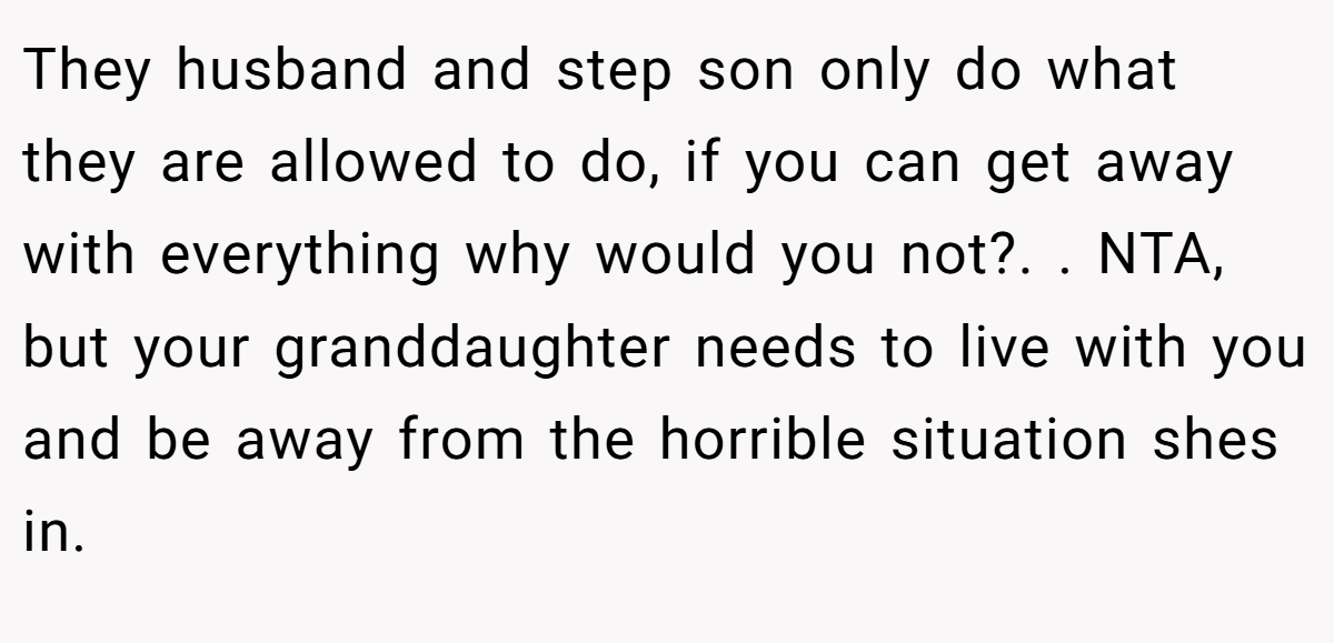 They husband and step son only do what they are allowed to do, if you can get away with everything why would you not?. ​. NTA, but your granddaughter needs to live with you and be away from the horrible situation shes in.