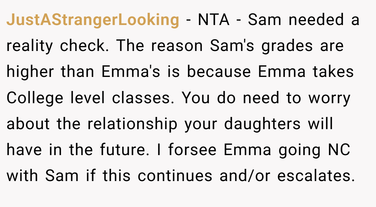 JustAStrangerLooking − NTA - Sam needed a reality check. The reason Sam's grades are higher than Emma's is because Emma takes College level classes. You do need to worry about the relationship your daughters will have in the future. I forsee Emma going NC with Sam if this continues and/or escalates.