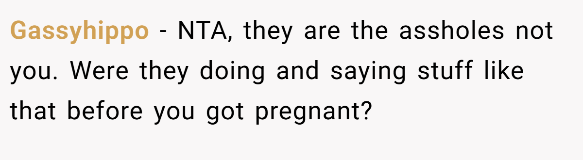 Gassyhippo − NTA, they are the assholes not you. Were they doing and saying stuff like that before you got pregnant?