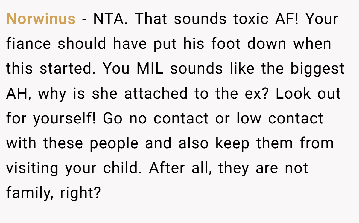 Norwinus − NTA. That sounds toxic AF! Your fiance should have put his foot down when this started. You MIL sounds like the biggest AH, why is she attached to the ex? Look out for yourself! Go no contact or low contact with these people and also keep them from visiting your child. After all, they are not family, right?