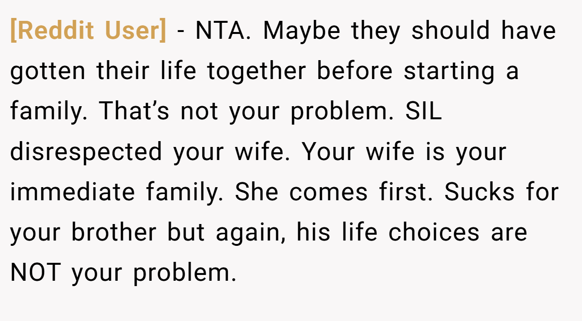 [Reddit User] − NTA. Maybe they should have gotten their life together before starting a family. That’s not your problem. SIL disrespected your wife. Your wife is your immediate family. She comes first. Sucks for your brother but again, his life choices are NOT your problem.