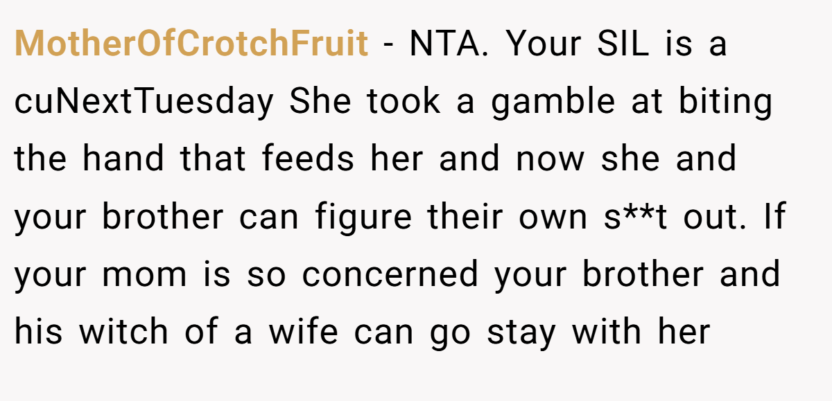 MotherOfCrotchFruit − NTA. Your SIL is a cuNextTuesday She took a gamble at biting the hand that feeds her and now she and your brother can figure their own s**t out. If your mom is so concerned your brother and his witch of a wife can go stay with her