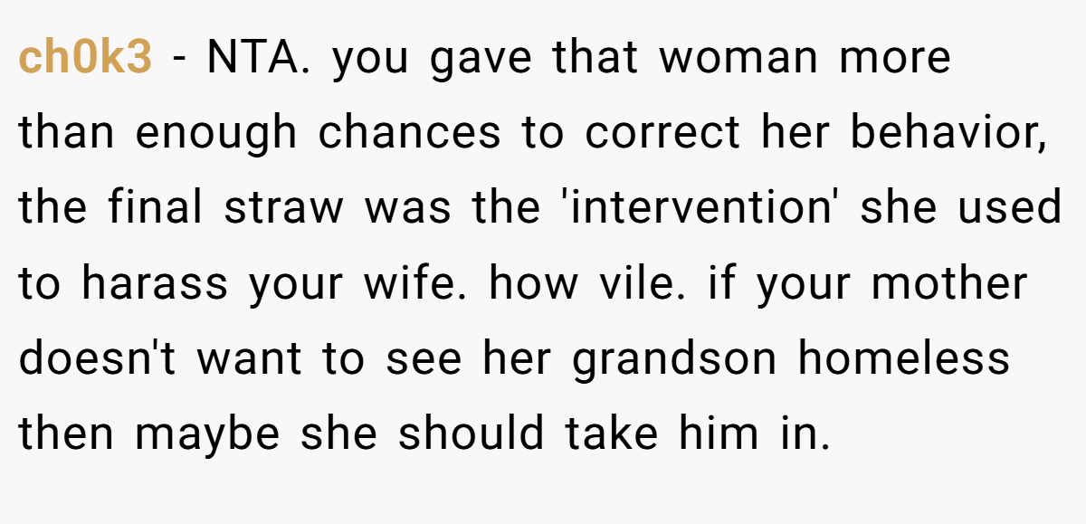 ch0k3 − NTA. you gave that woman more than enough chances to correct her behavior, the final straw was the 'intervention' she used to harass your wife. how vile. if your mother doesn't want to see her grandson homeless then maybe she should take him in.