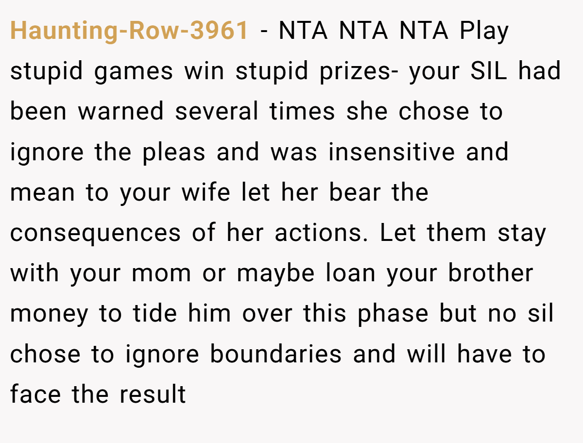 Haunting-Row-3961 − NTA NTA NTA Play stupid games win stupid prizes- your SIL had been warned several times she chose to ignore the pleas and was insensitive and mean to your wife let her bear the consequences of her actions. Let them stay with your mom or maybe loan your brother money to tide him over this phase but no sil chose to ignore boundaries and will have to face the result
